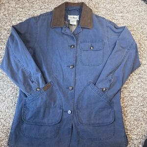 Vintage LL Bean Chore Barn Field Jacket Coat Leather Collar Beige Womens M Lined